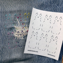 Load image into Gallery viewer, Washable Mending Transfers Set #6 Pink Cat Patterns Wrenbird Arts