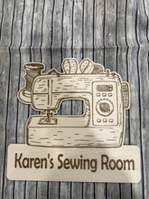 Load image into Gallery viewer, Custom Sewing Room sign - sewing machine shape