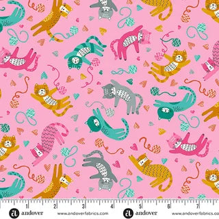 Whiskers- Playful Cats - Pink by Makower