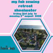 Load image into Gallery viewer, Advertisement for a sewing retreat with a scenic view of Shoalwater, featuring &#39;My Fabricology&#39; branding.
